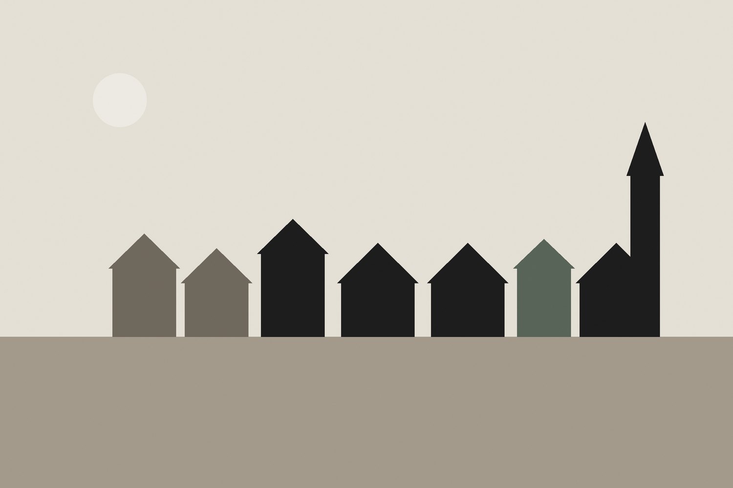 Abstract graphic of small houses and a church tower on one horizon